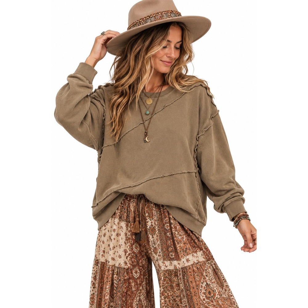 Easel Distressed Oversized Sweatshirt Brown Boho Festival Grunge Y2K Raw Hem